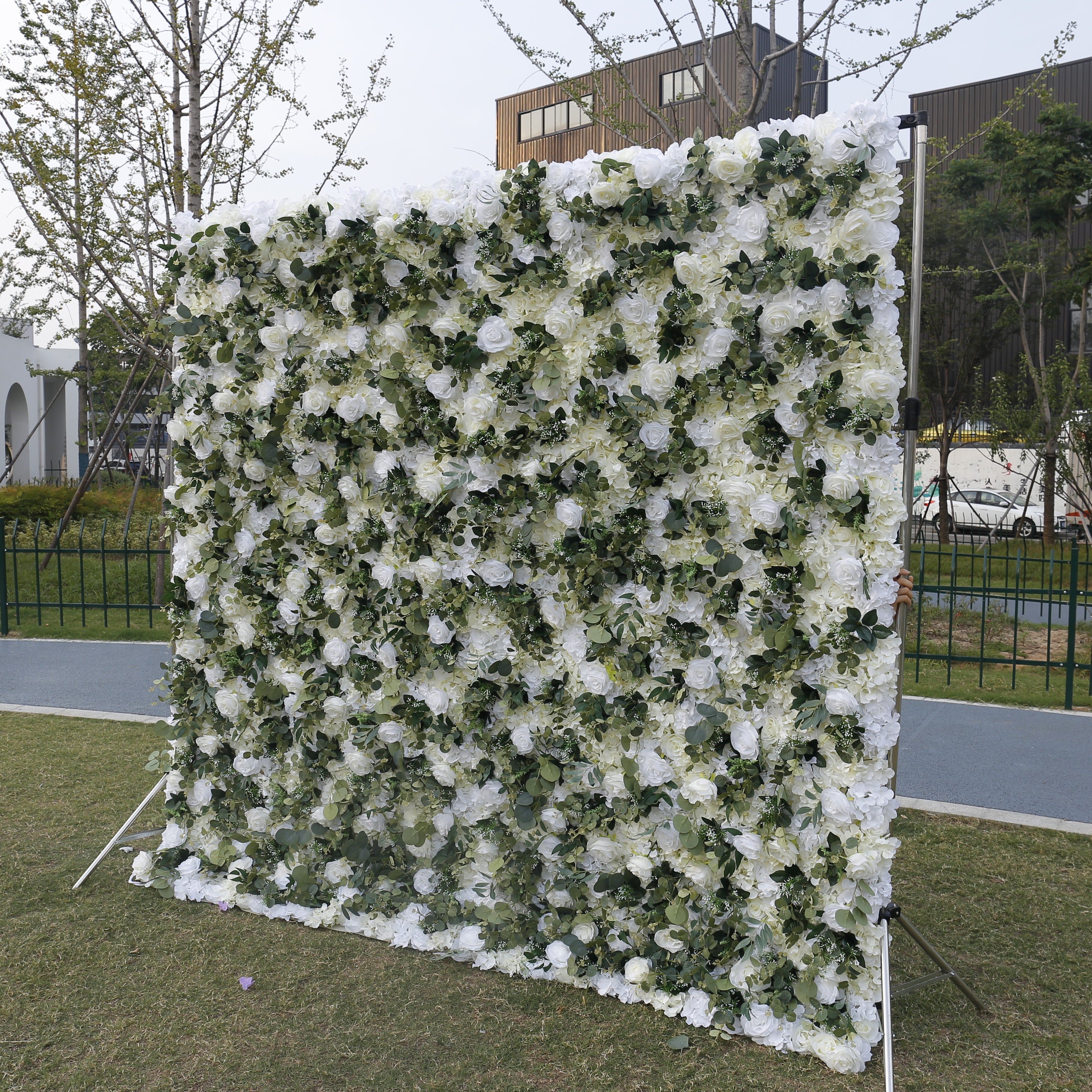 3D Green Leaves White Floral Fabric Artificial Wedding Flower Wall ACFW-049