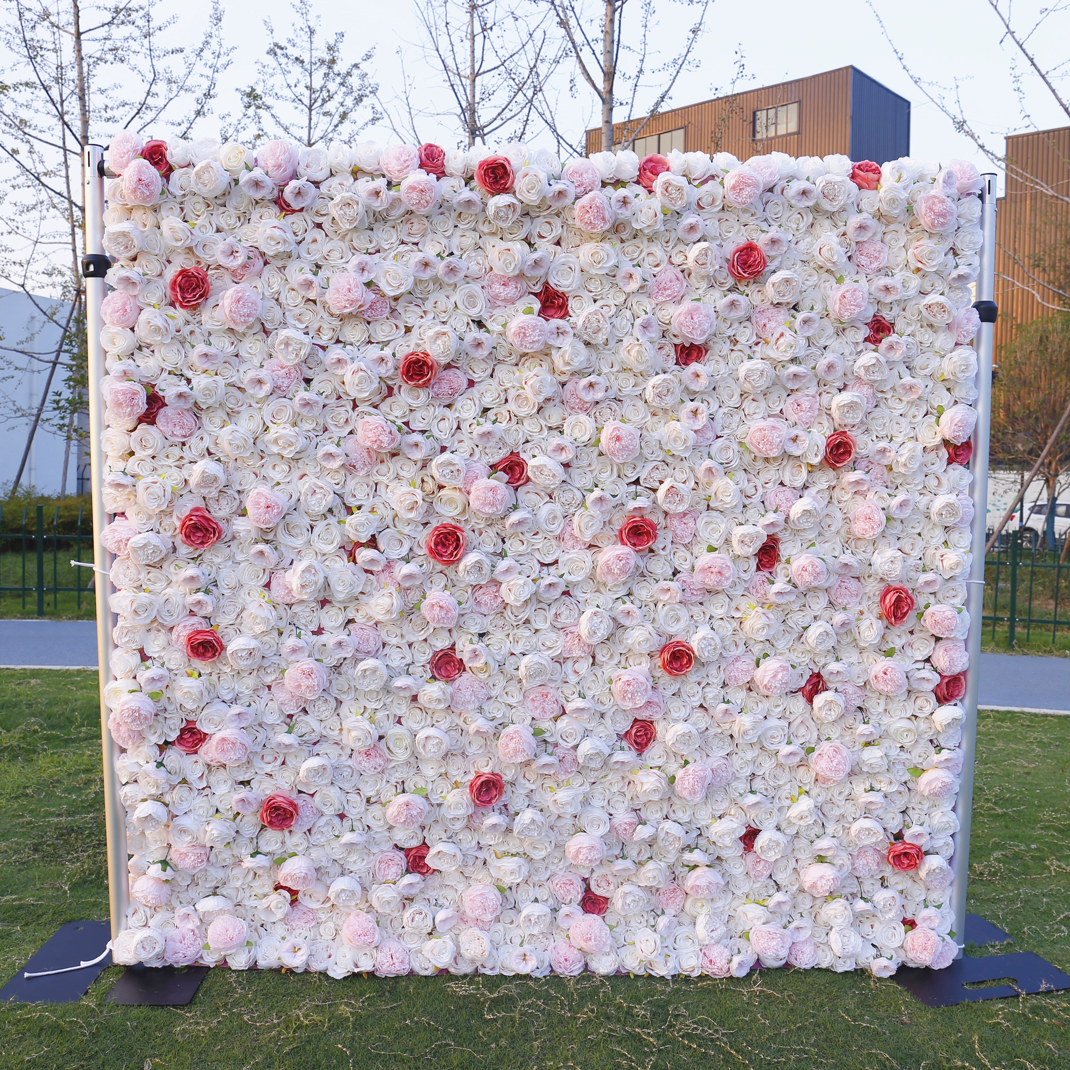 Pink White Mixed Silk Rose Cloth Roll Up Wedding Flower Wall ACFW-058