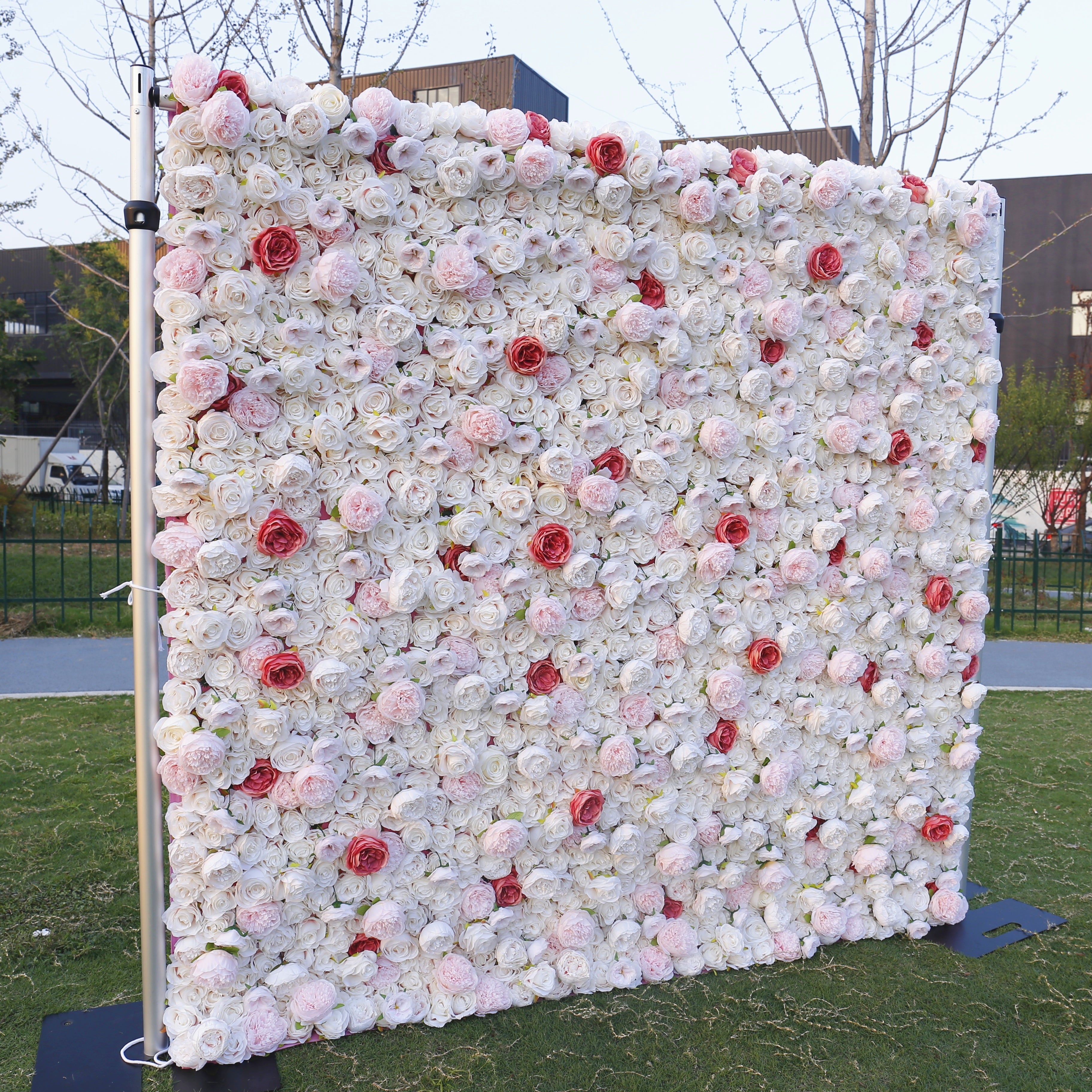 Pink White Mixed Silk Rose Cloth Roll Up Wedding Flower Wall ACFW-058