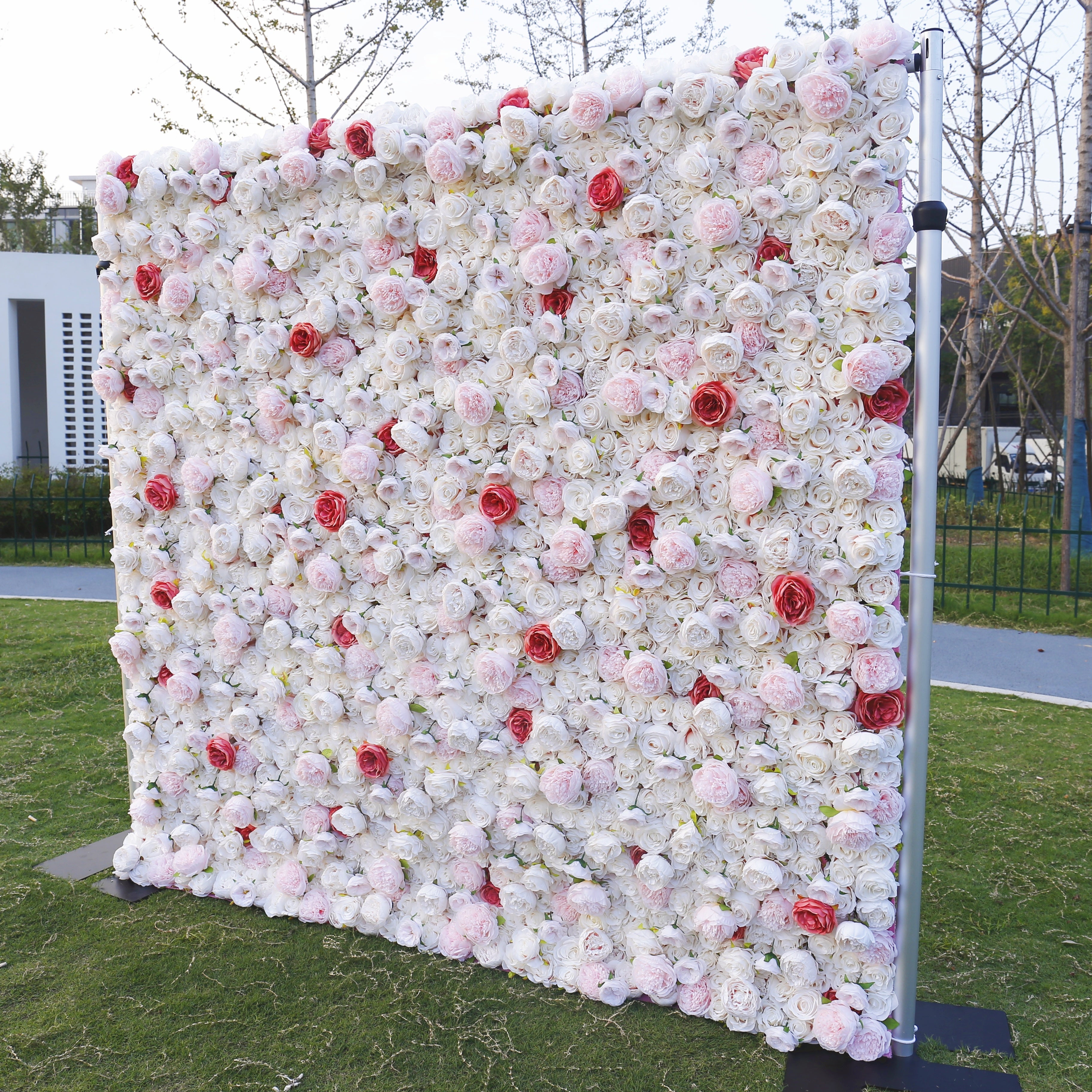 Pink White Mixed Silk Rose Cloth Roll Up Wedding Flower Wall ACFW-058
