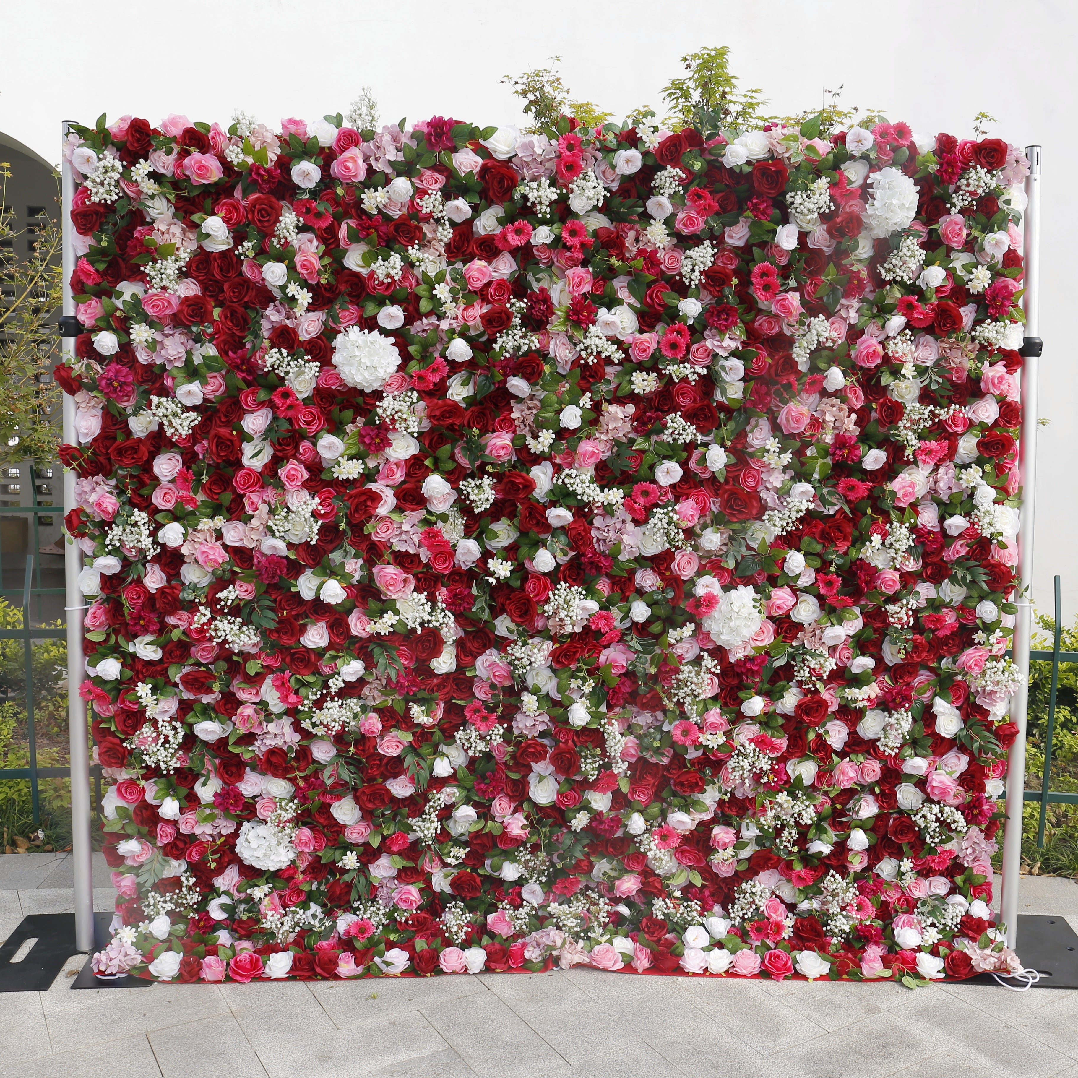 5D Red Pink Silk Rose Baby Breath Roll Up Faux Flower Wall ACFW-059
