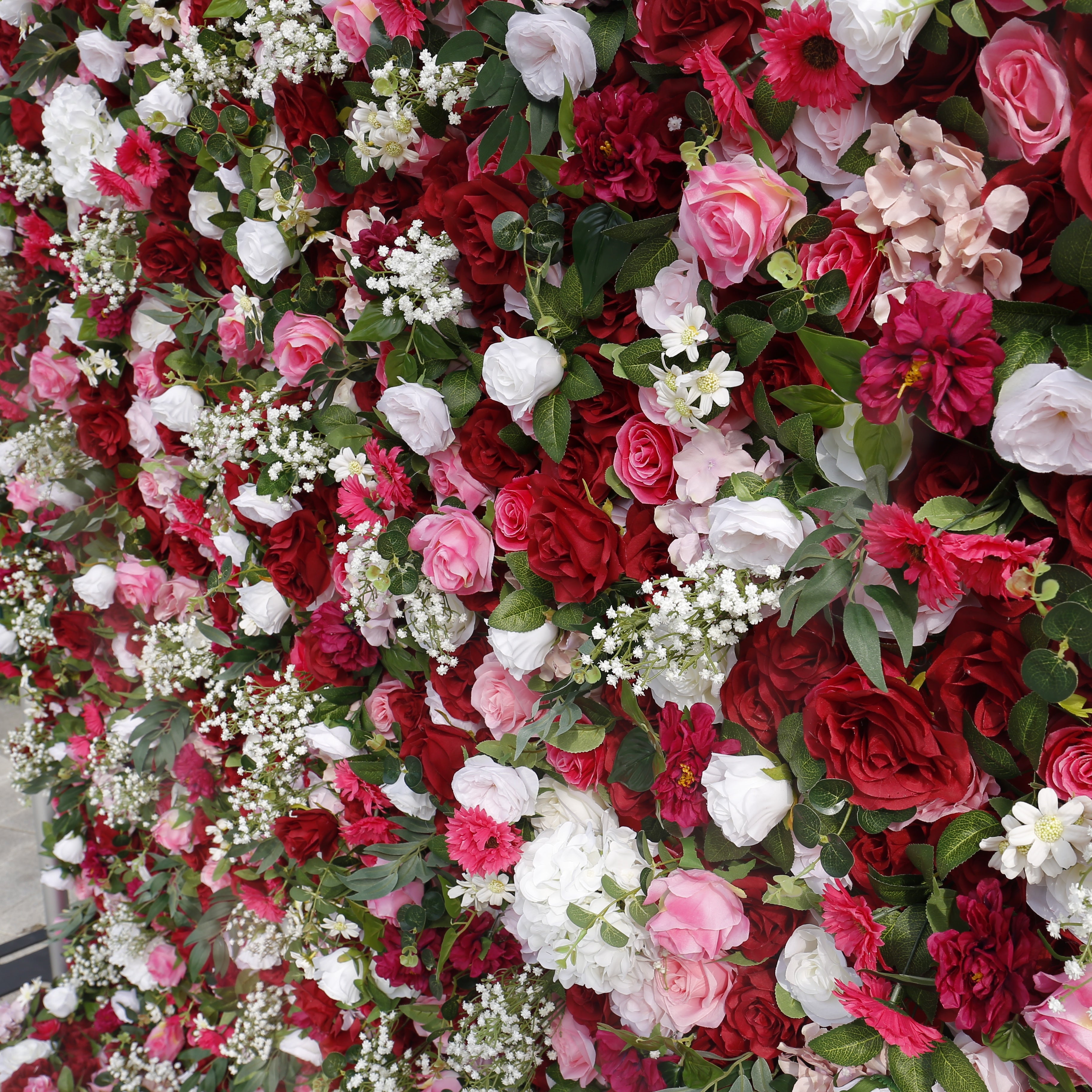 5D Red Pink Silk Rose Baby Breath Roll Up Faux Flower Wall ACFW-059
