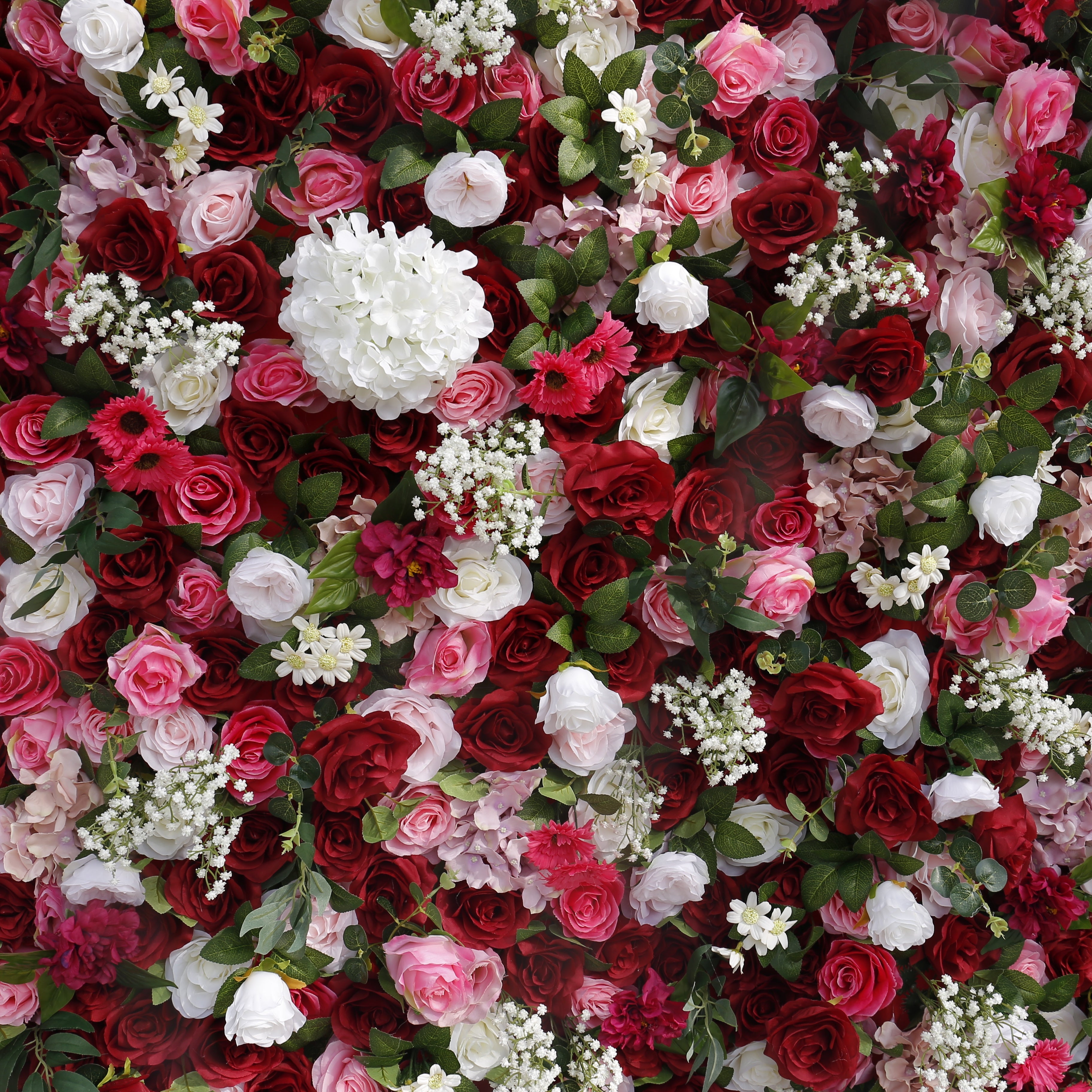 5D Red Pink Silk Rose Baby Breath Roll Up Faux Flower Wall ACFW-059