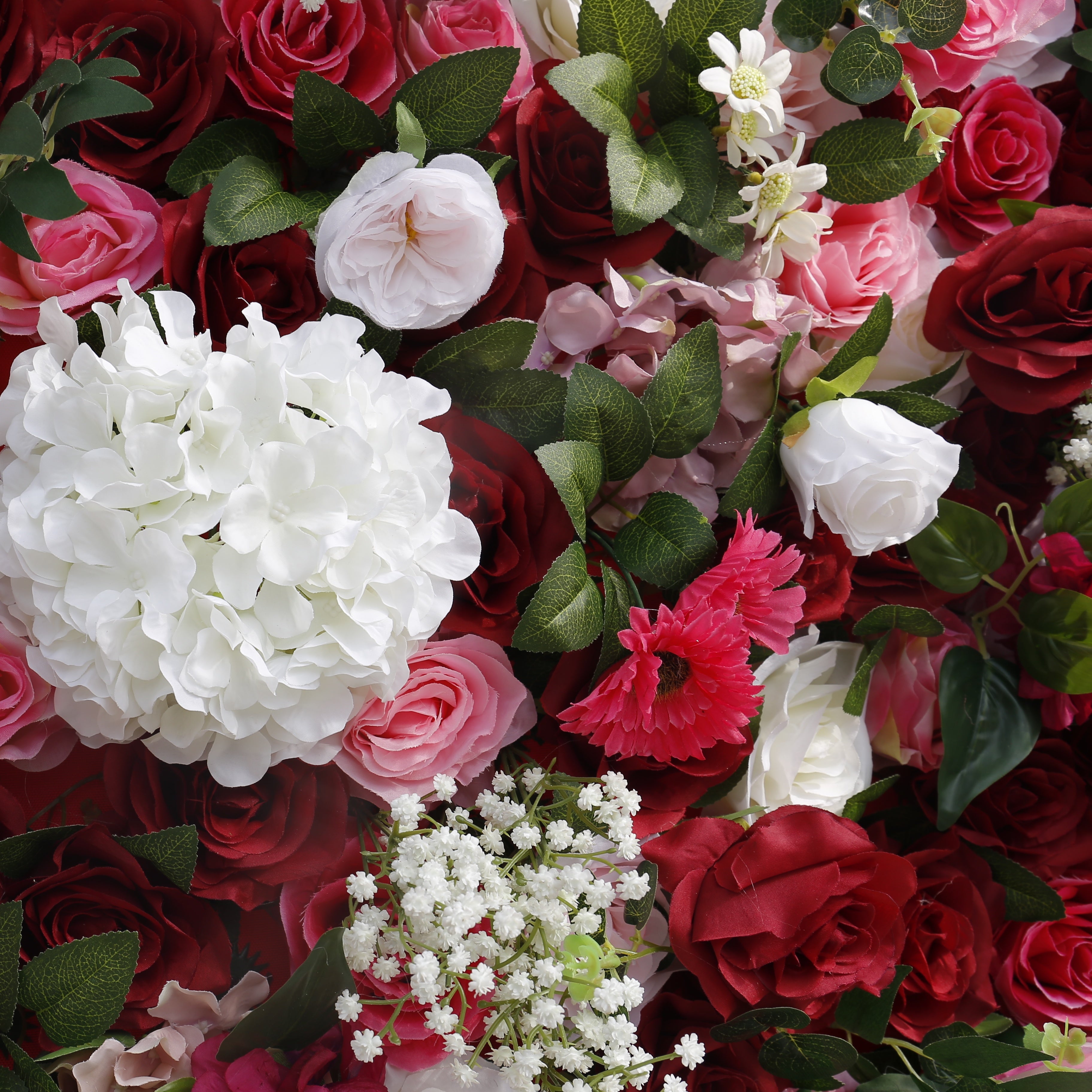 5D Red Pink Silk Rose Baby Breath Roll Up Faux Flower Wall ACFW-059