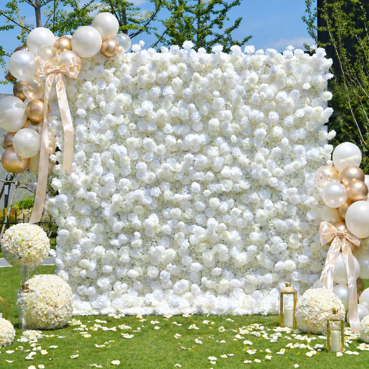 Pure White Fabric Roses Wedding Backdrop Roll Up Flower Wall 