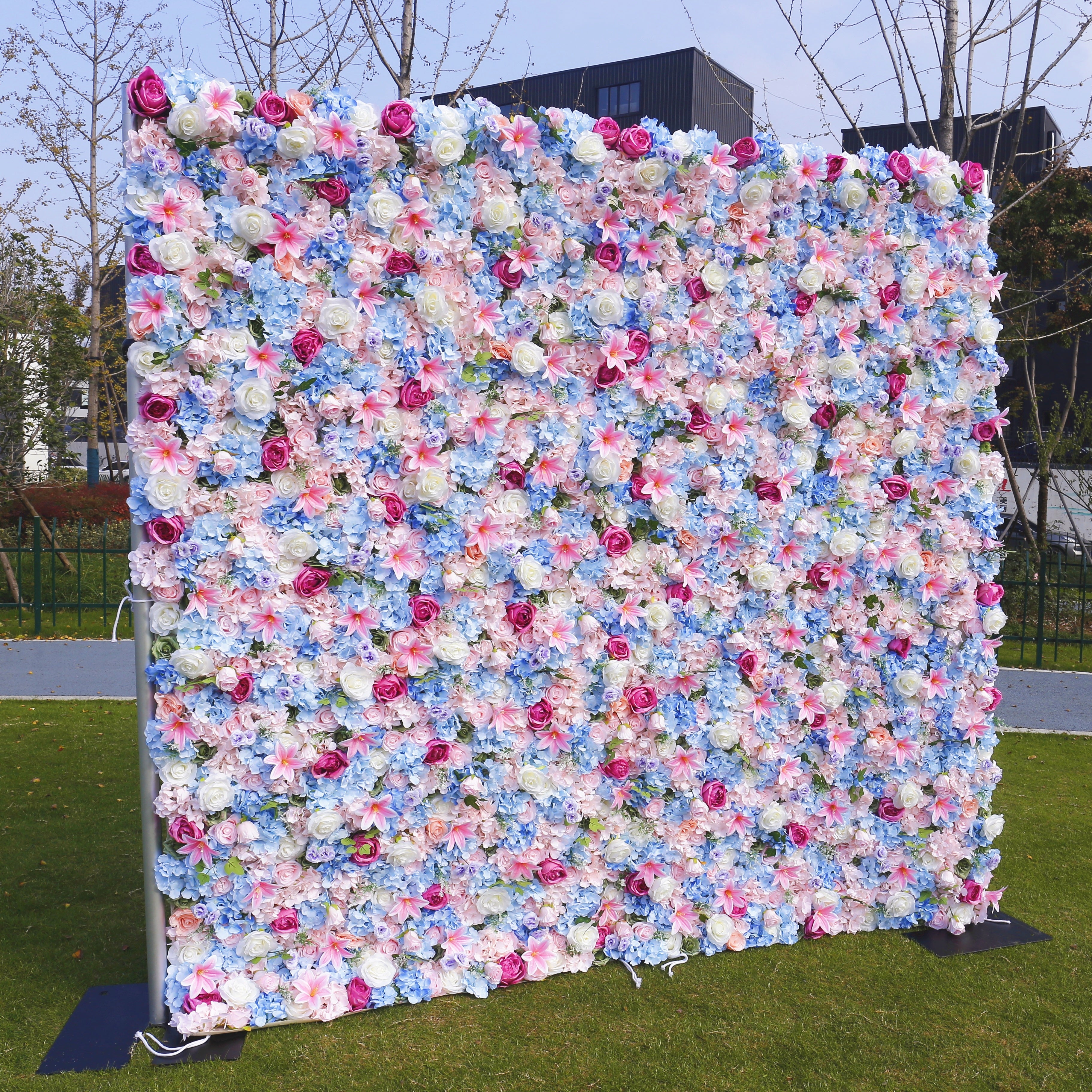 Blue Pink Mixed Fabric Flowers Colorful Artificial Flower Wall ACFW-090