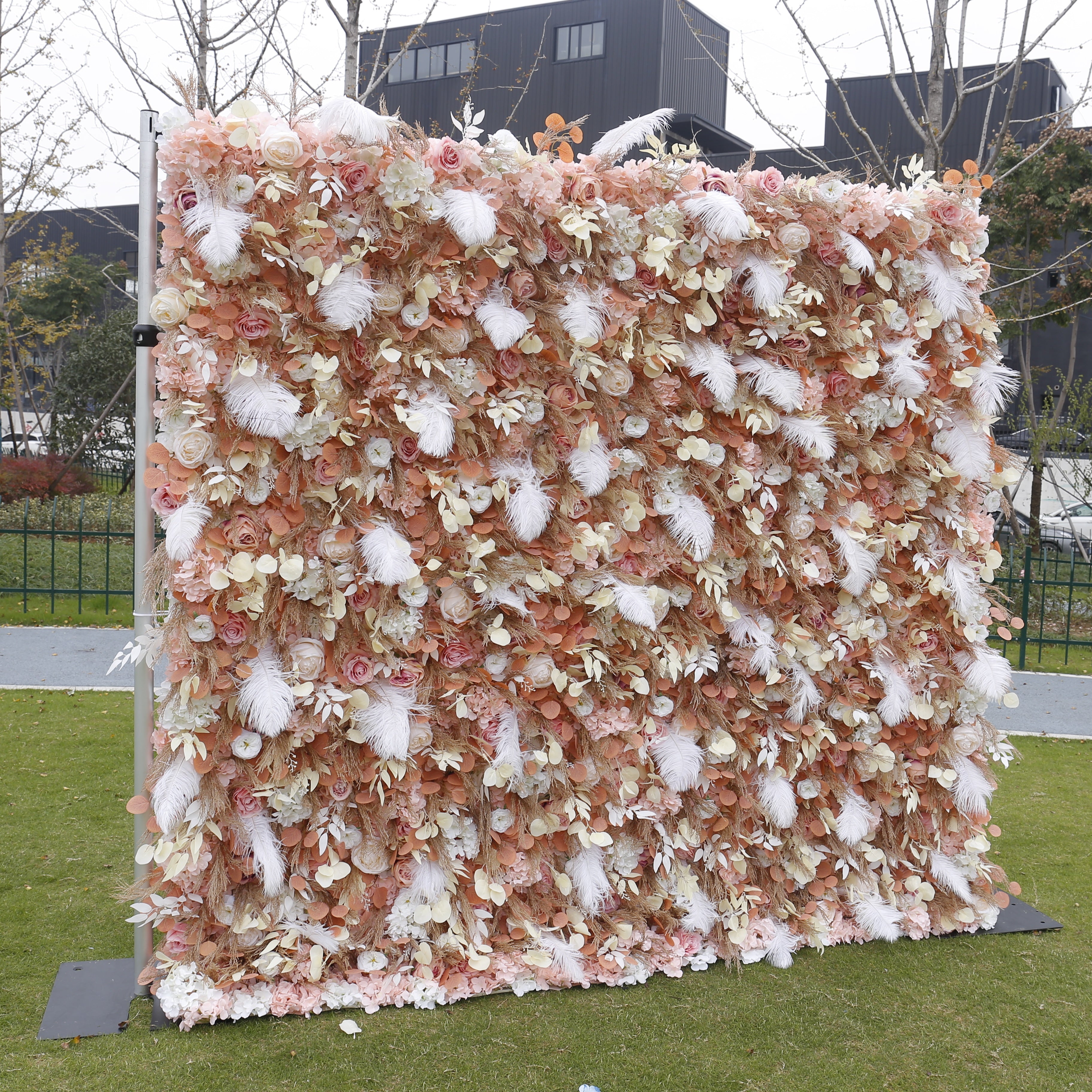 3D Brown Fabric Flower with White Feather Roll Up Flower Wall ACFW-092