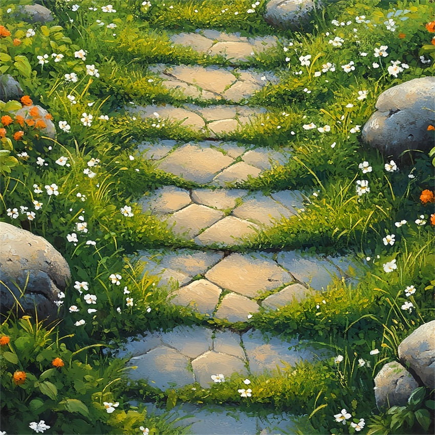 Photo Backdrops Floors Meadow Stones Bright Flowers Backdrop BRP1-45