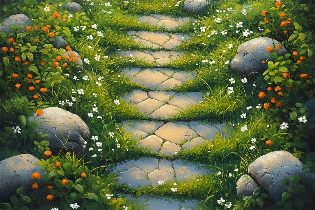 Photo Backdrops Floors Meadow Stones Bright Flowers Backdrop BRP1-45