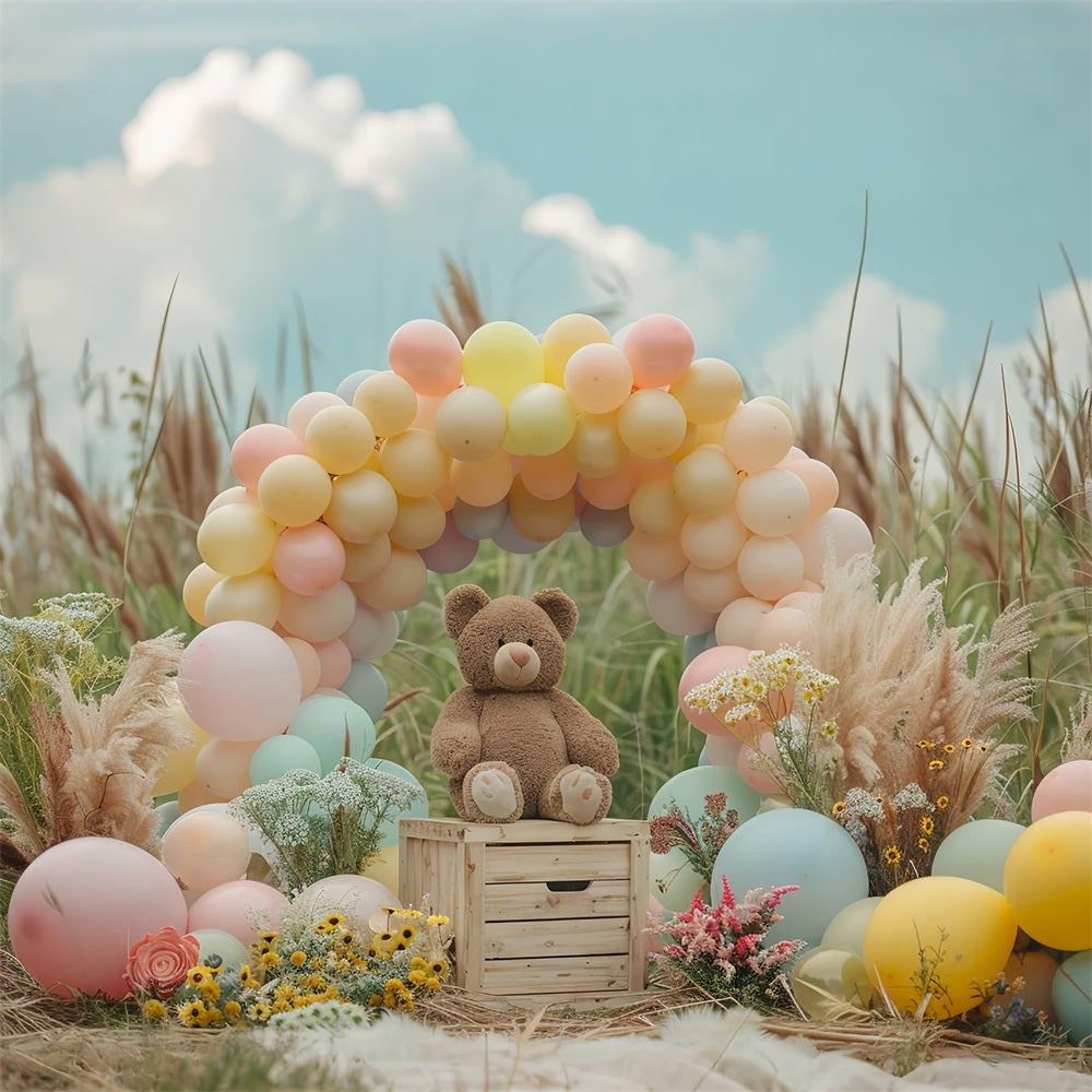 Pastel Balloon Arch Teddy Bear Boho Backdrop BRP10-107
