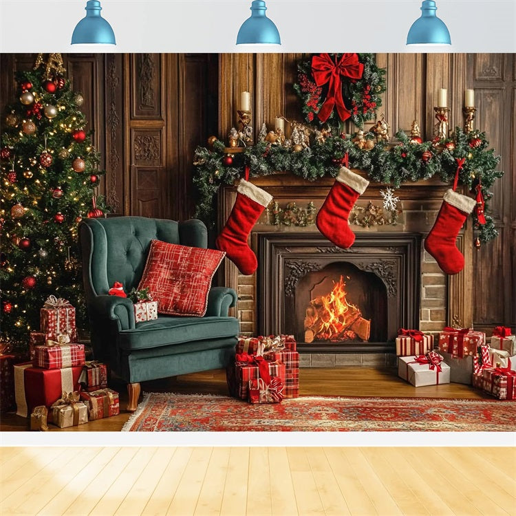 Christmas Backdrop Fireplace Stockings Backdrop BRP10-133