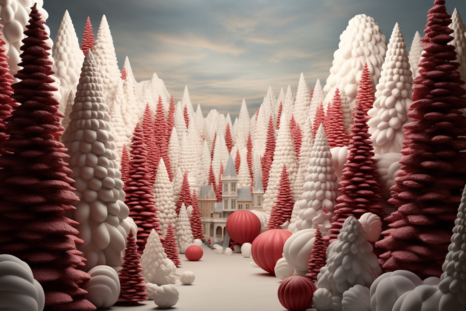 Winter Forest Pathway Red Christmas Trees Backdrop BRP10-25