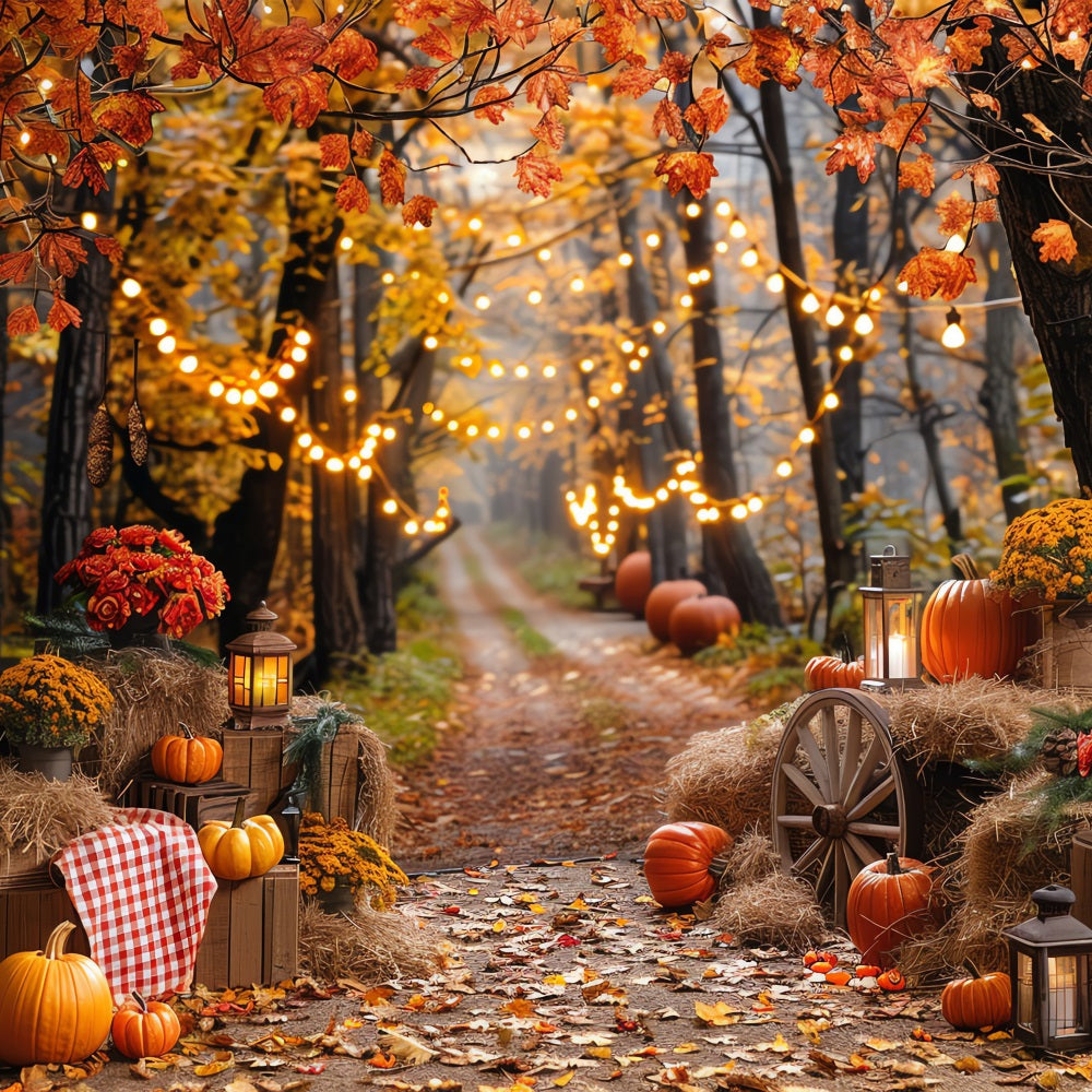 Autumn Photo Backdrop Haystack Pumpkins Trail Lights Backdrop BRP10-257