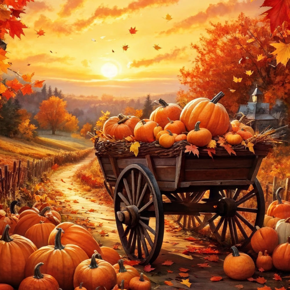 Fall Photography Backdrops Pumpkin Wagon Pathway Sunset Backdrop BRP10-264