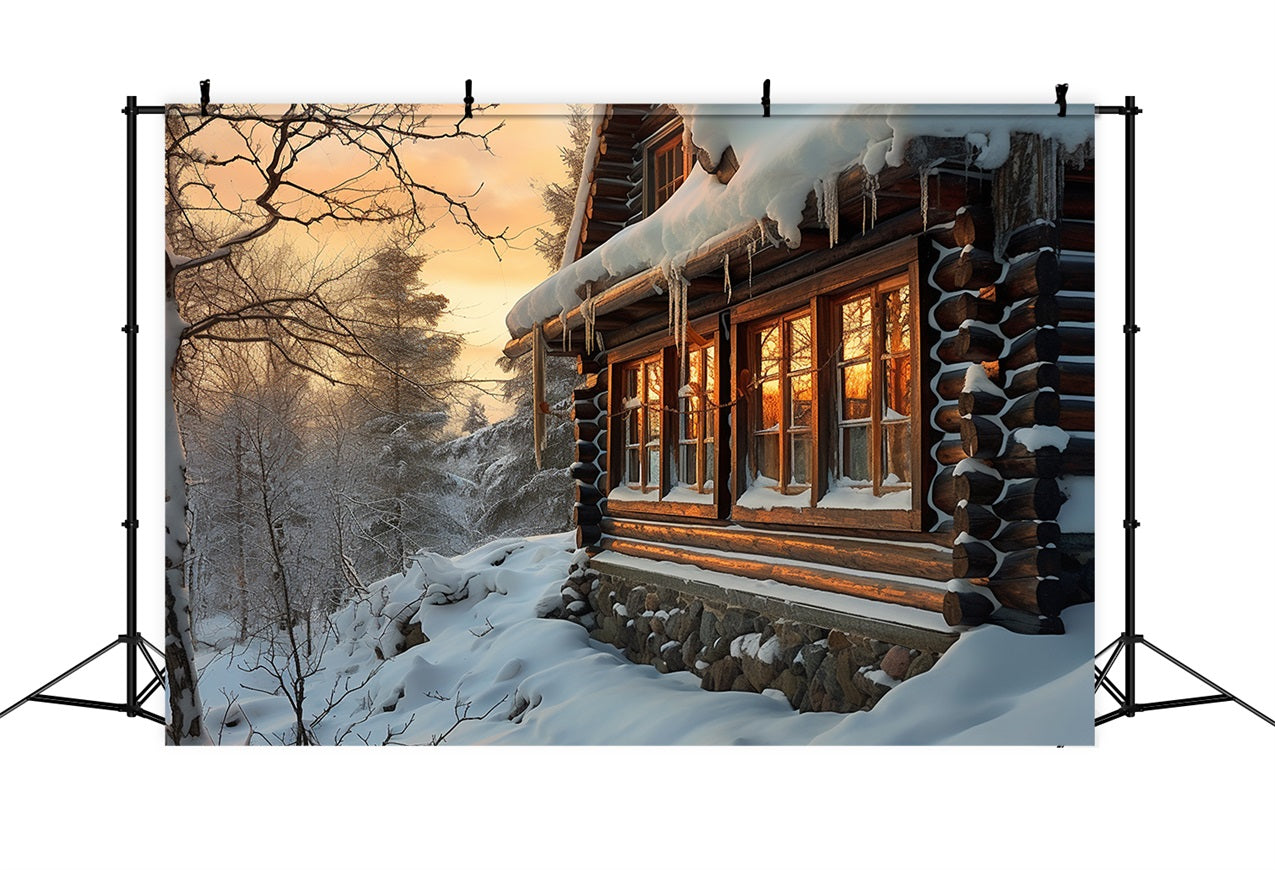 Winter Sunlit Wooden Cabin Snowy Trees Backdrop BRP10-46