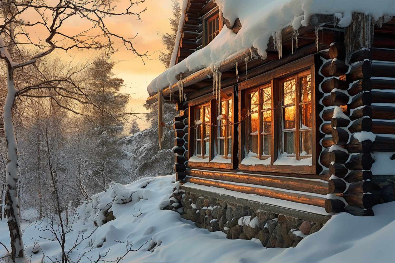 Winter Sunlit Wooden Cabin Snowy Trees Backdrop BRP10-46
