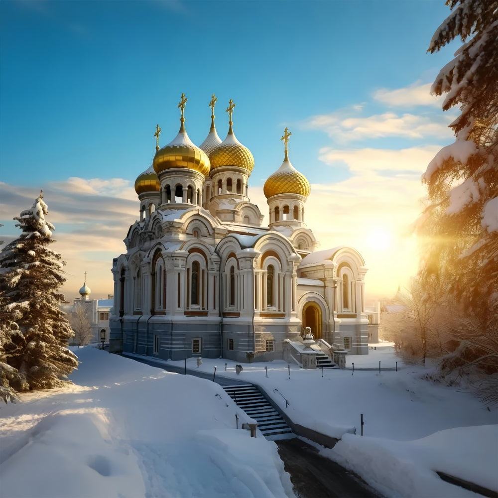 Winter Snow-Covered Cathedral Golden Domes Backdrop BRP10-51