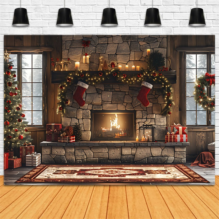 Fireplace Christmas Backdrop Festive Garland Tree Backdrop BRP11-212
