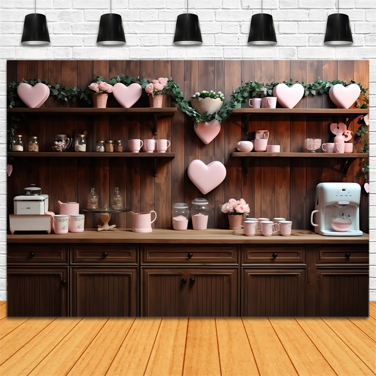 Backdrops Valentines Love-Themed Wooden Kitchen Wall Hearts Backdrop BRP11-285