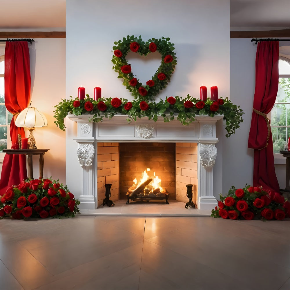 Valentines Backdrop Ideas White Fireplace Roses Decor Backdrop BRP11-422
