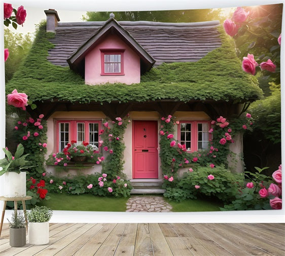 Valentine Photo Backdrops Pink Cottage Surrounded Roses Backdrop BRP11-433