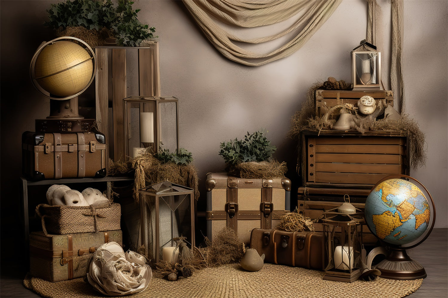 Vintage Backdrop Photography Antique Luggage World Globes Backdrop BRP11-592