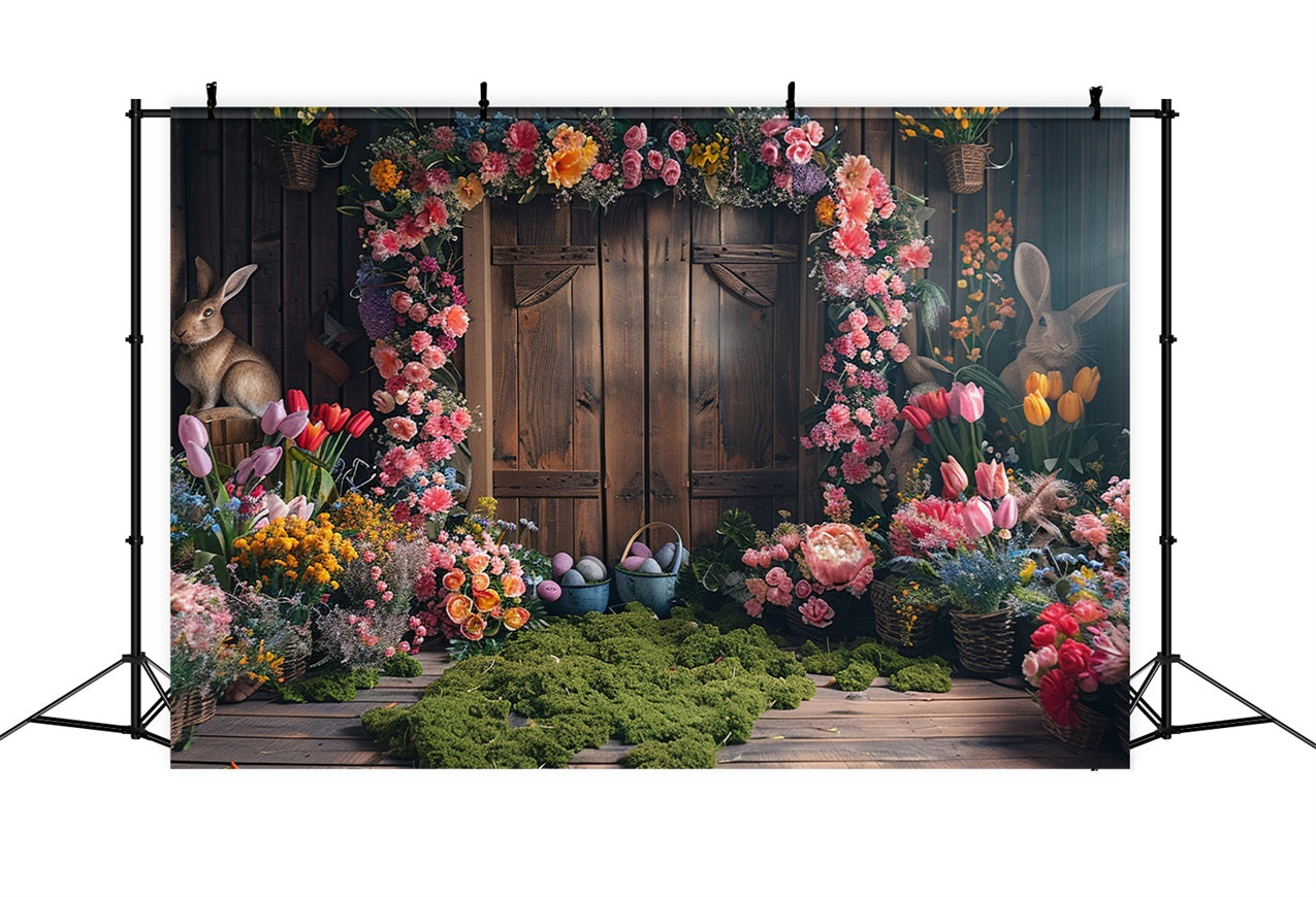 Easter Photo Backdrop Rustic Wooden Door Floral Bunny Backdrop BRP12-406