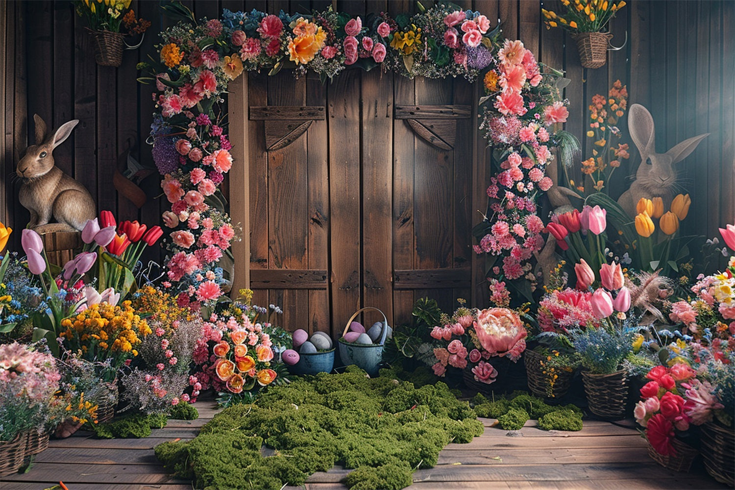 Easter Photo Backdrop Rustic Wooden Door Floral Bunny Backdrop BRP12-406