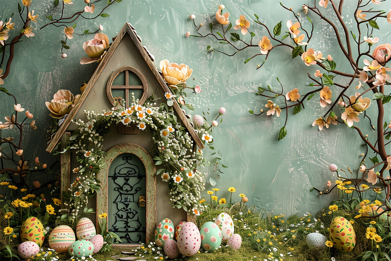 Photo Backdrops Easter Pastel Floral Decorated Cottage Backdrop BRP12-410