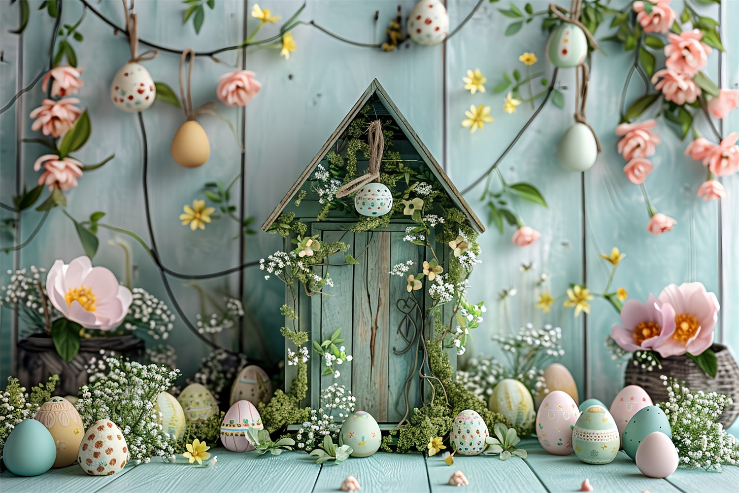 Easter Photography Backdrop Cottage Pastel Eggs and Flowers Backdrop BRP12-412
