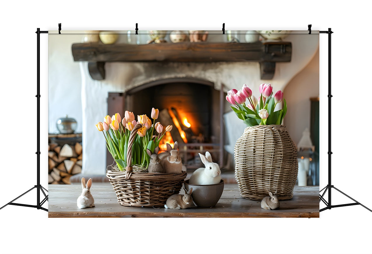 Photography Easter Backdrop Bright Tulips Cozy Fireplace Backdrop BRP12-417