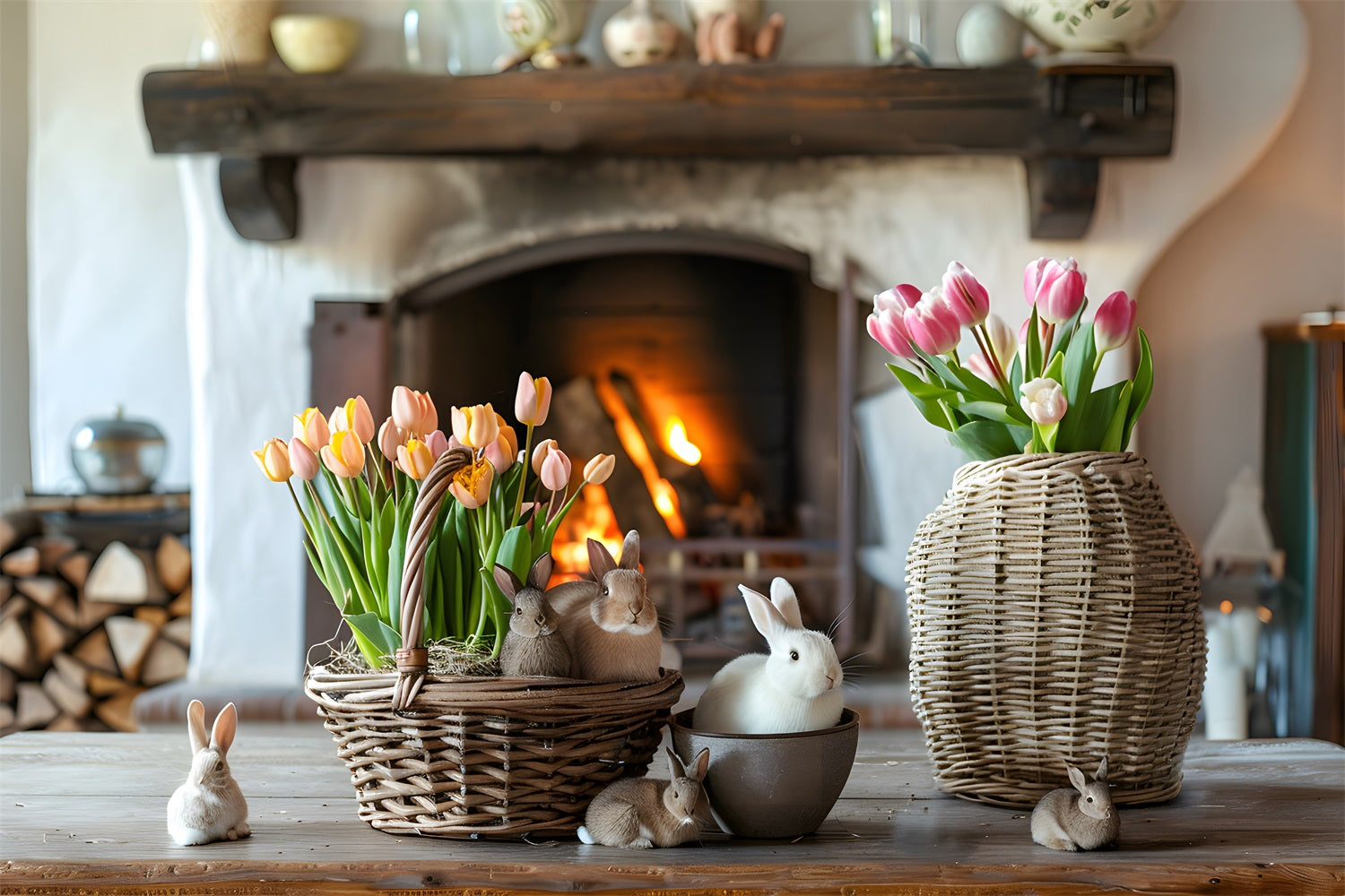 Photography Easter Backdrop Bright Tulips Cozy Fireplace Backdrop BRP12-417