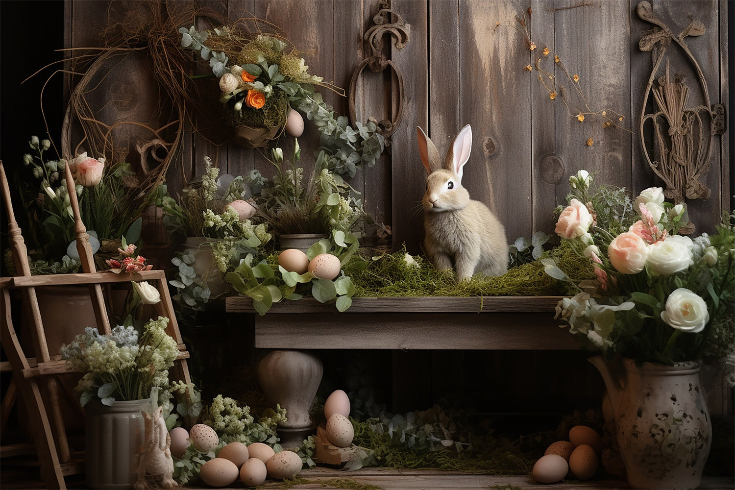 Easter Photo Backdrop Rustic Bunny Floral Garden Backdrop BRP12-418