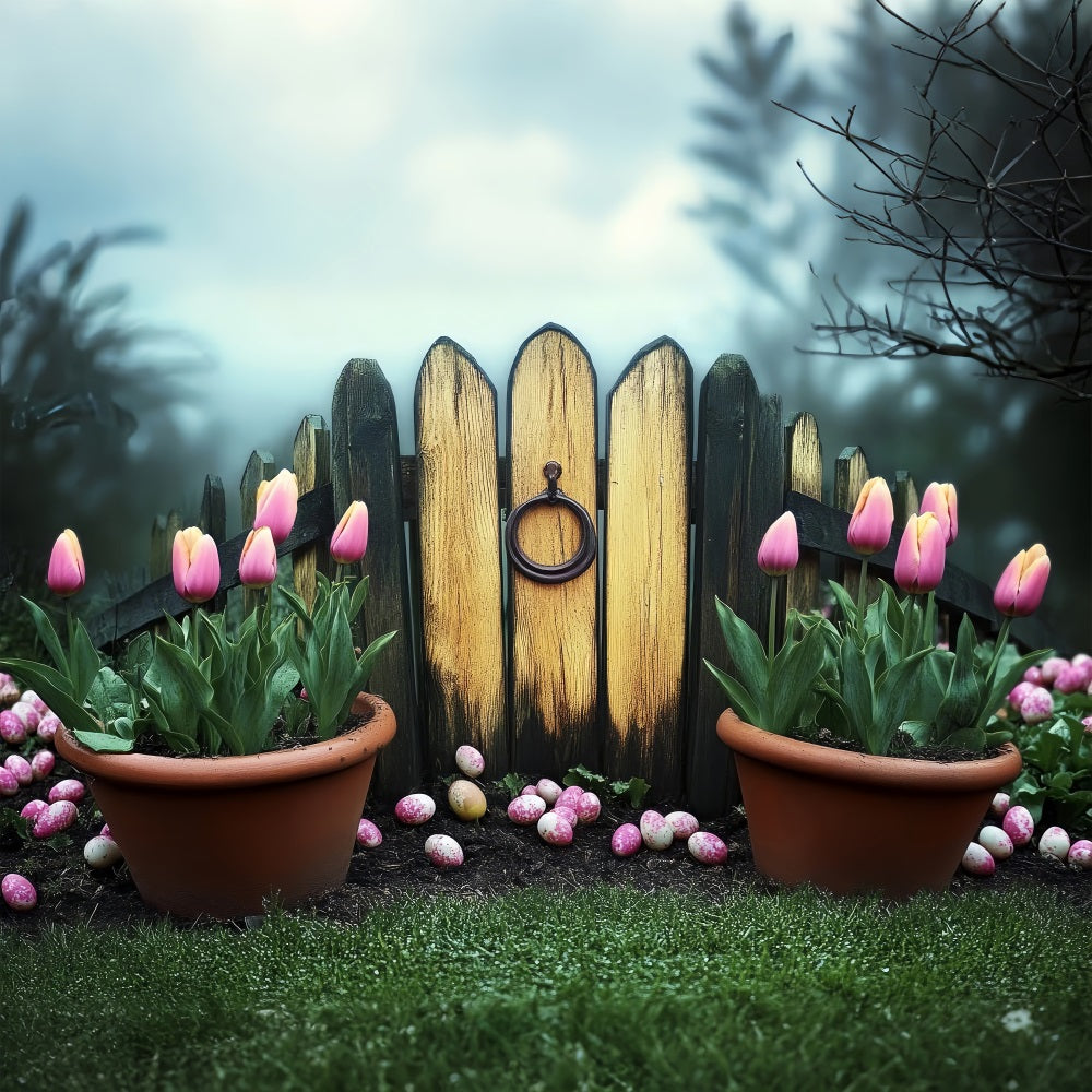 Easter Backdrop Rustic Garden Fence Pink Tulips Backdrop BRP12-731