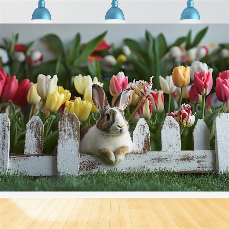 Simple Easter Backdrop Bunny Tulips Rustic Fence Backdrop BRP12-757
