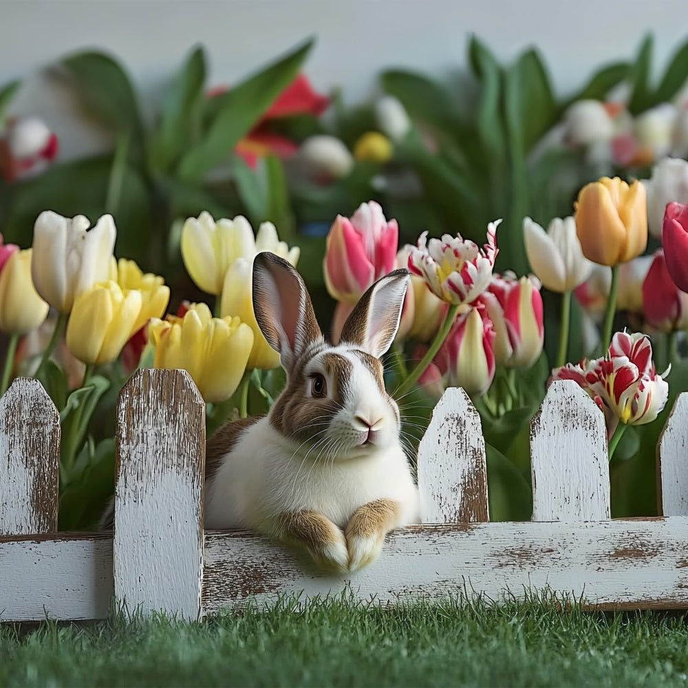Simple Easter Backdrop Bunny Tulips Rustic Fence Backdrop BRP12-757