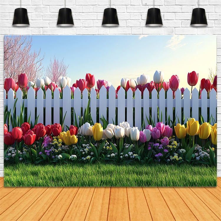 Photography Backdrop Easter White Fence Tulip Garden Backdrop BRP12-758