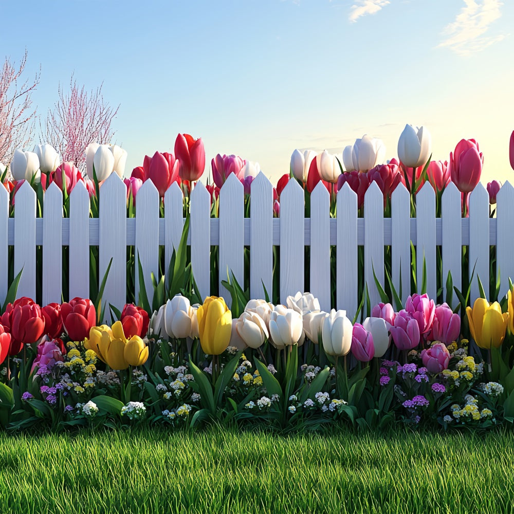 Photography Backdrop Easter White Fence Tulip Garden Backdrop BRP12-758