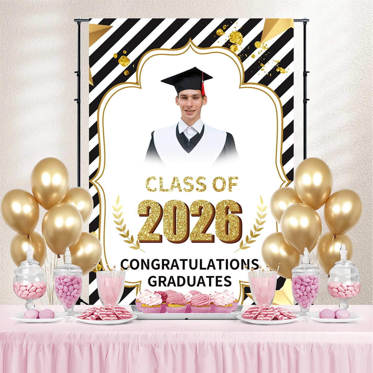 Graduation Portrait Backdrop Modern Striped Glitter Custom Party Graduation Backdrop BRP3-243