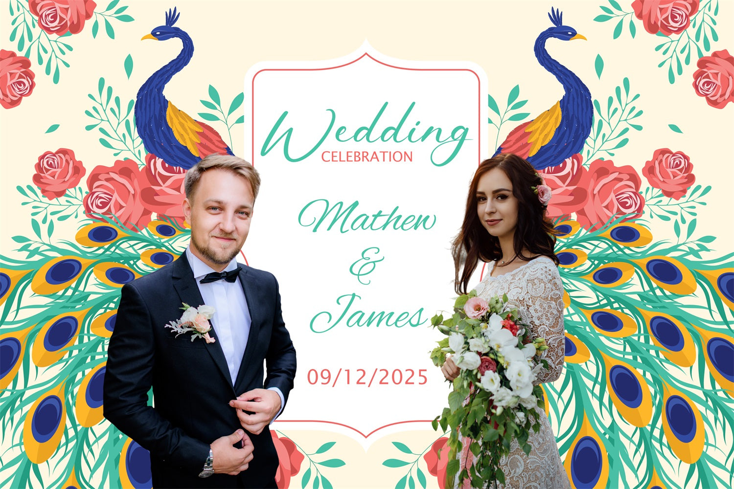 Wedding Backdrop Peacock Garden Floral Personalised Backdrop BRP4-130