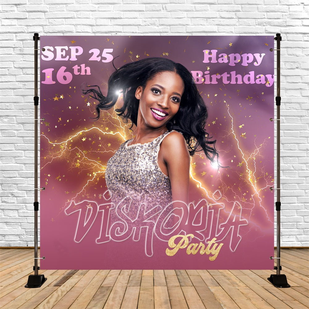 Personalized Birthday Backdrops Golden Lightning Glam 16th Backdrop BRP5-78