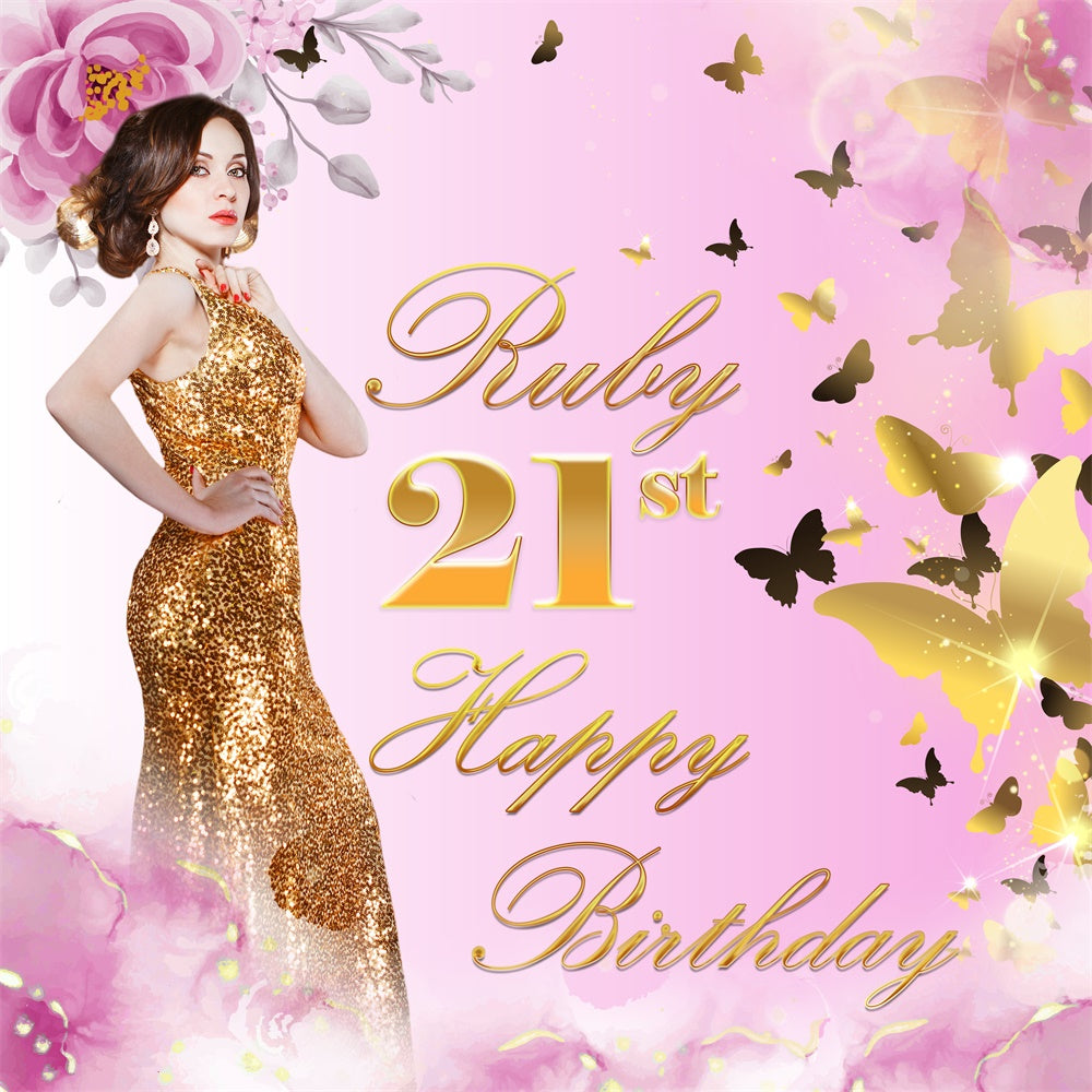 Personalized Birthday Backdrops Golden Butterfly Floral Backdrop BRP5-91