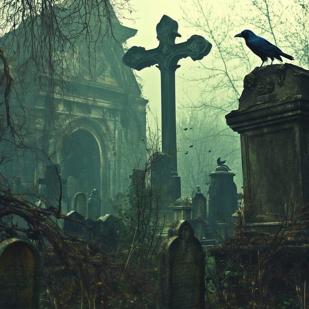 Halloween Graveyard Backdrop Abandoned Graves Church Backdrop BRP57-103