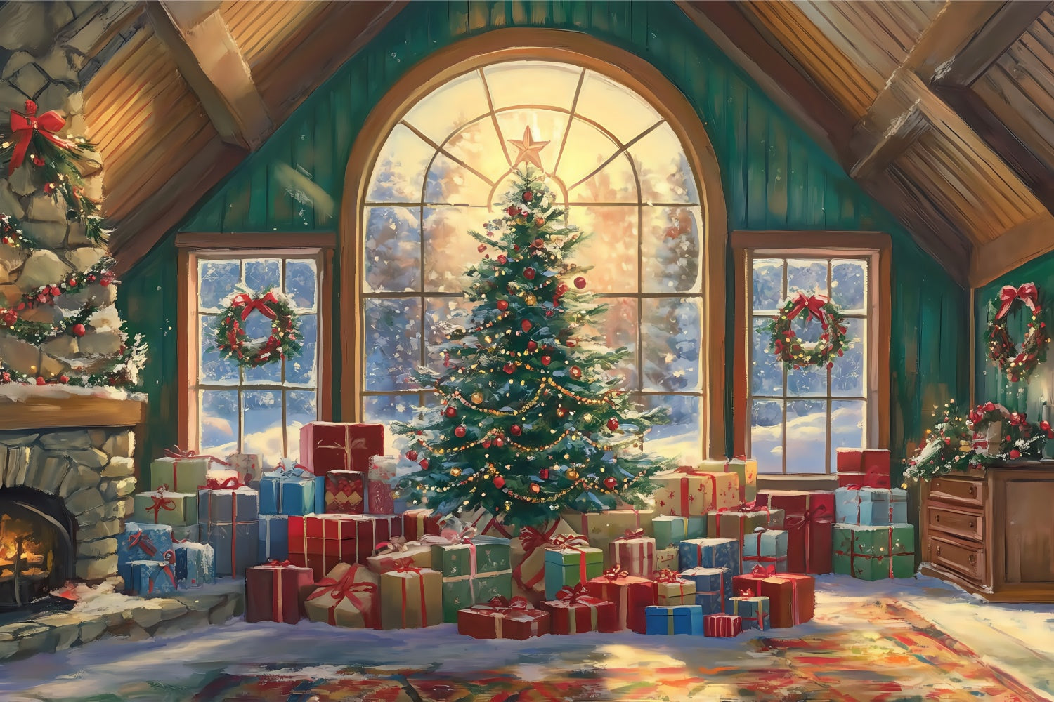 Christmas Photo Backdrops Warm Lodge Morning Backdrop BRP57-159