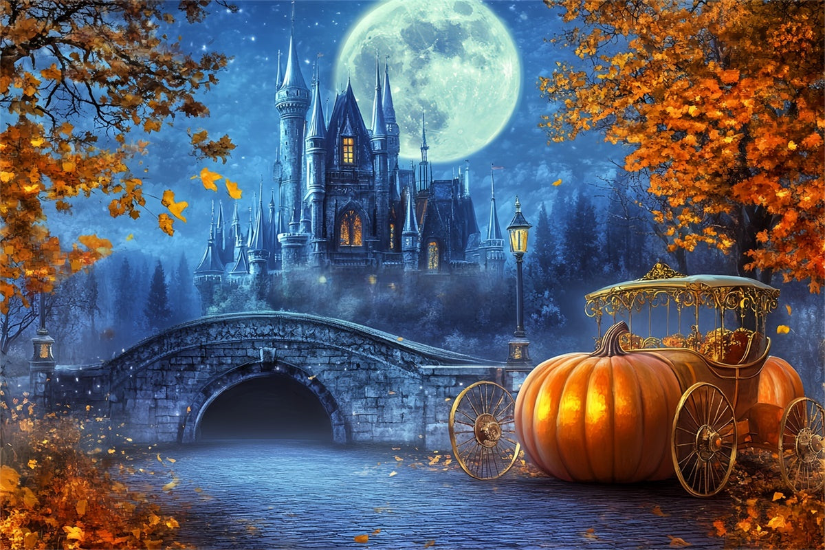 Castle Backdrop Moonlit Pumpkin Carriage Fall Backdrops BRP57-165