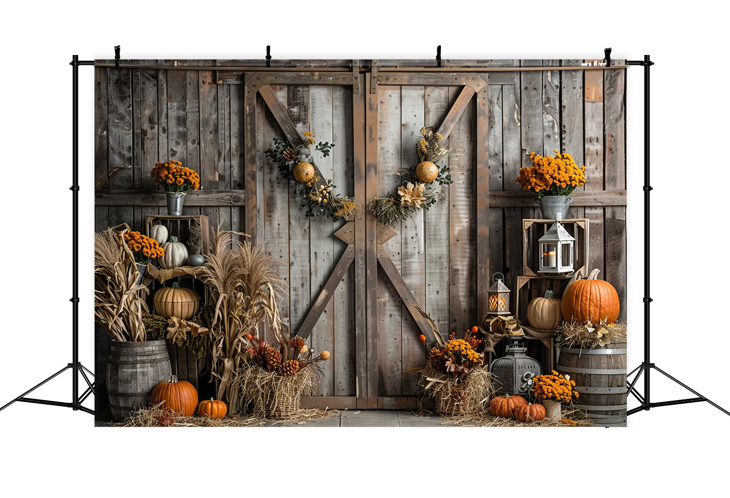 Autumn Brown Wooden Door Straw Pumpkin Backdrop BRP7-165
