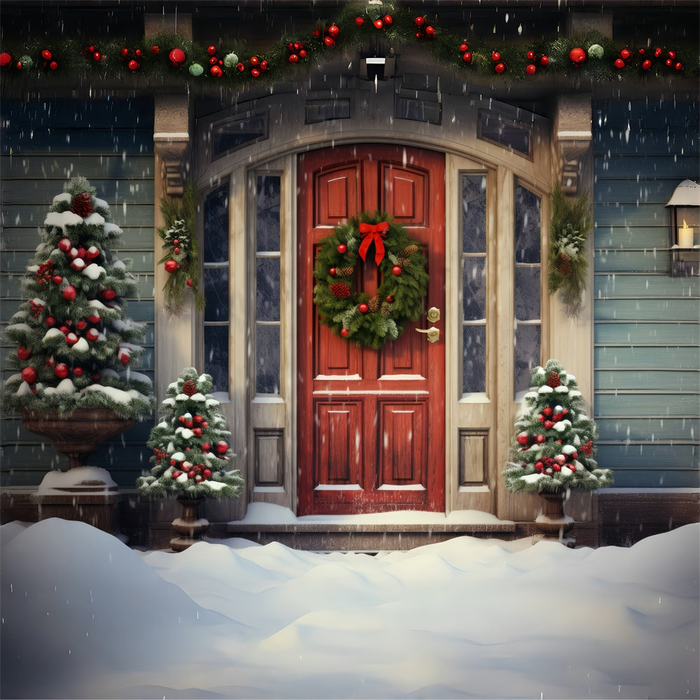 Snowy Christmas Red Door Wreath Backdrop BRP8-118