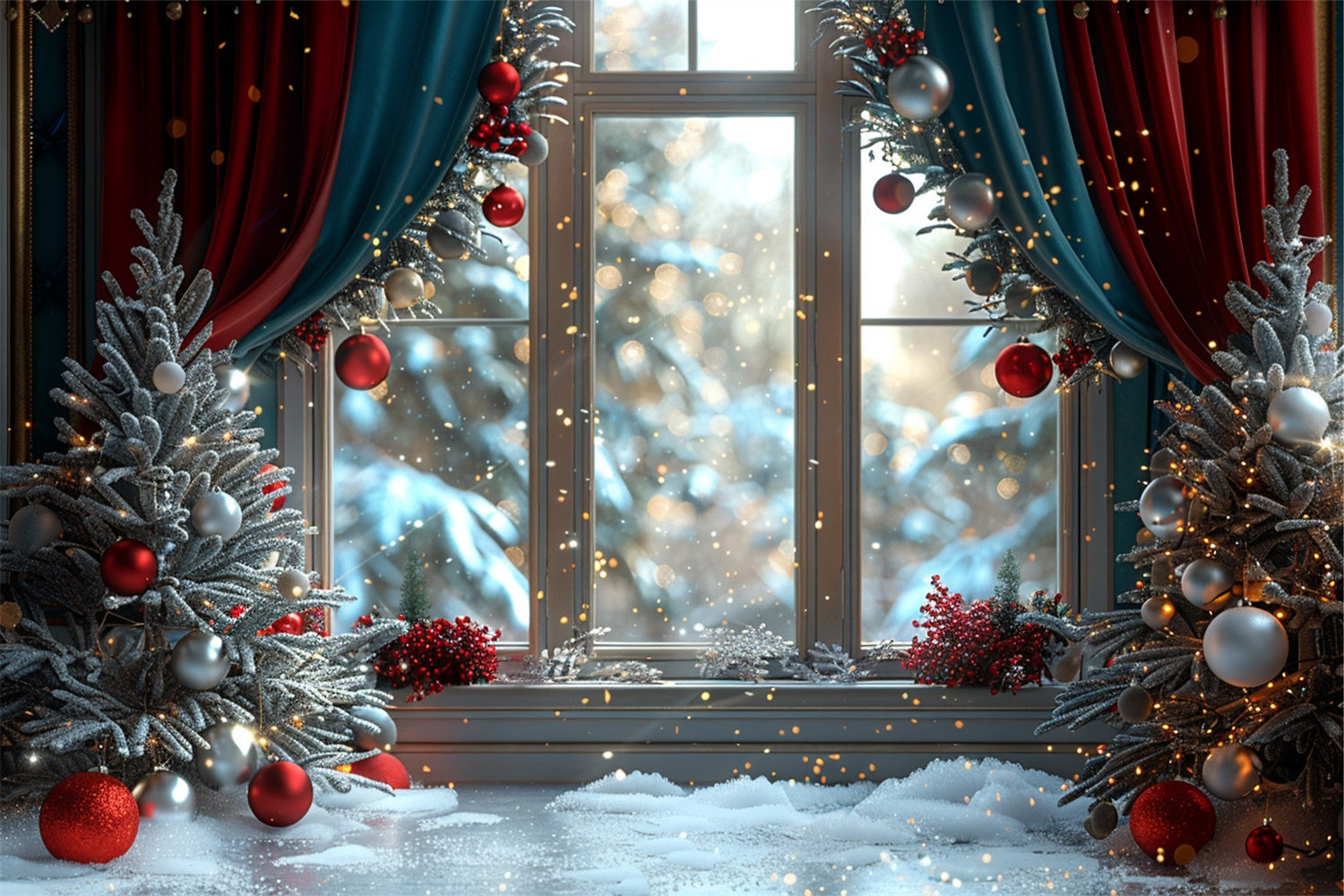 Snowy Christmas Window Glittering Ornaments Backdrop BRP9-107