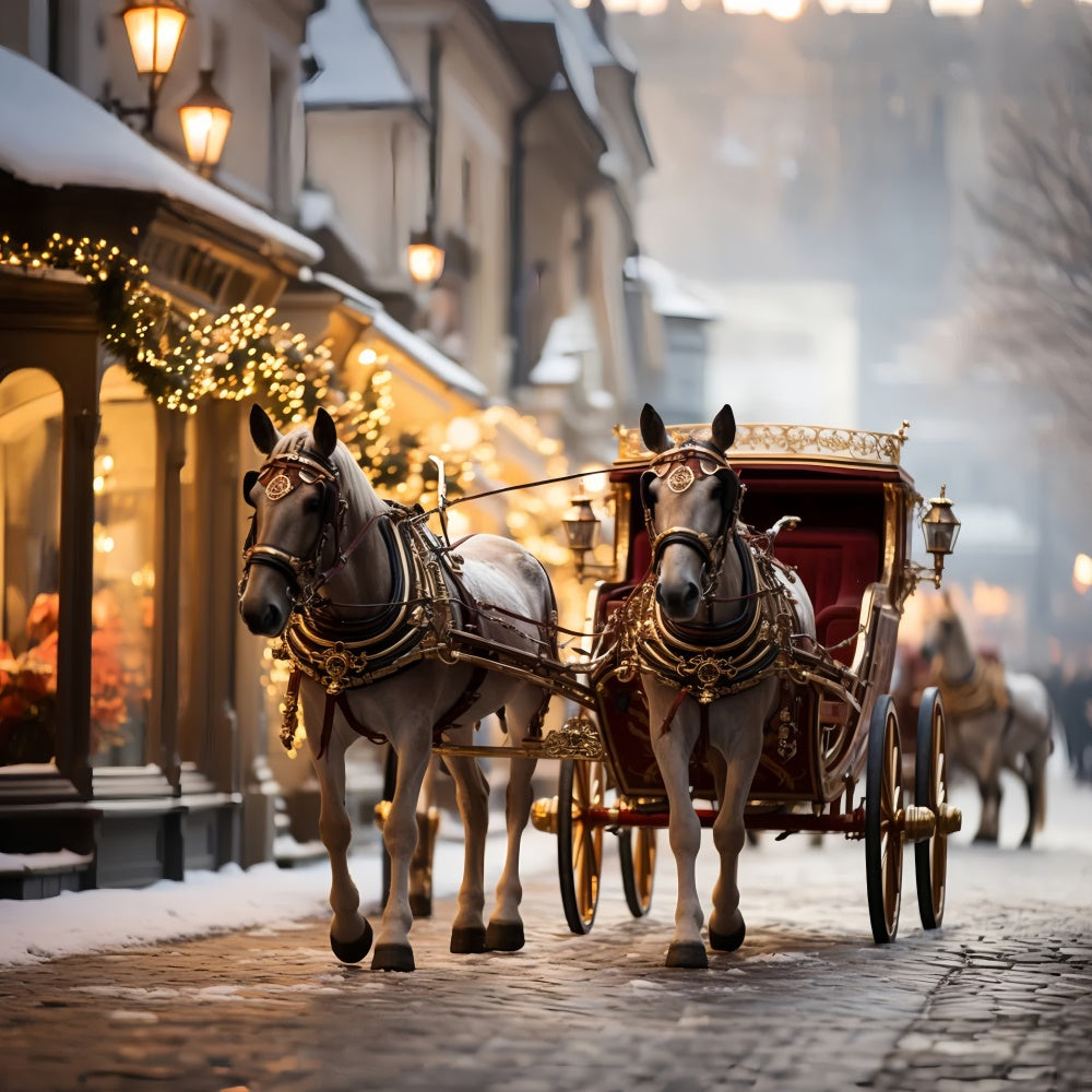 Christmas Carriage Passing Festive Storefronts Backdrop BRP9-109