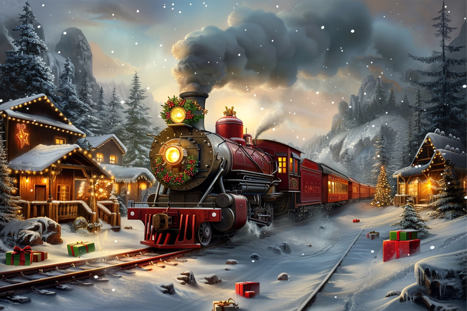 Vintage Christmas Express Through Snowy Village Backdrop BRP9-111